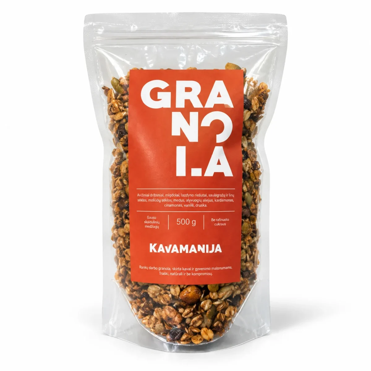Granolos „Kavamanija“ pakuotė su oranžine etikete