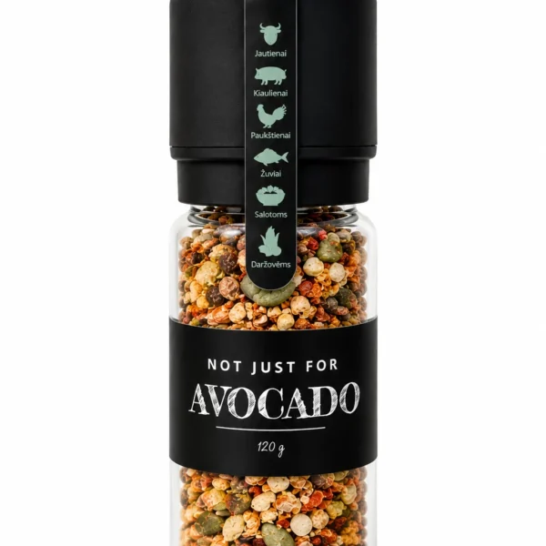 Prieskonių malūnėlis „Not just for Avocado“ su juoda etikete